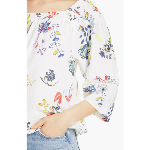 Tanya Taylor Stassi Floral Crochet Detail Cotton Top Peasant Blouse Size 12 - Picture 3 of 6